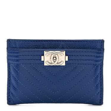 CHANEL Caviar Quilted Chevron Boy Card Holder Blue