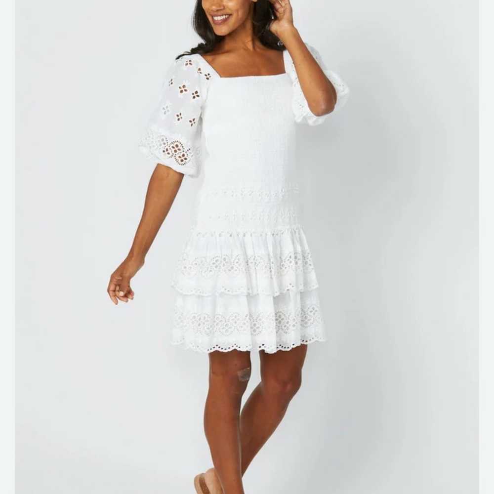 SAIL TO SABLE STS WHITE PUFF SLEEVE SMOCKED DRESS… - image 1