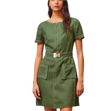 Tory Burch Linen Green Belted Short Sleeve Pockets