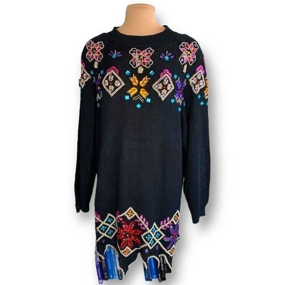 Vintage Maggie Lawrence Black Floral Beaded Knit … - image 1