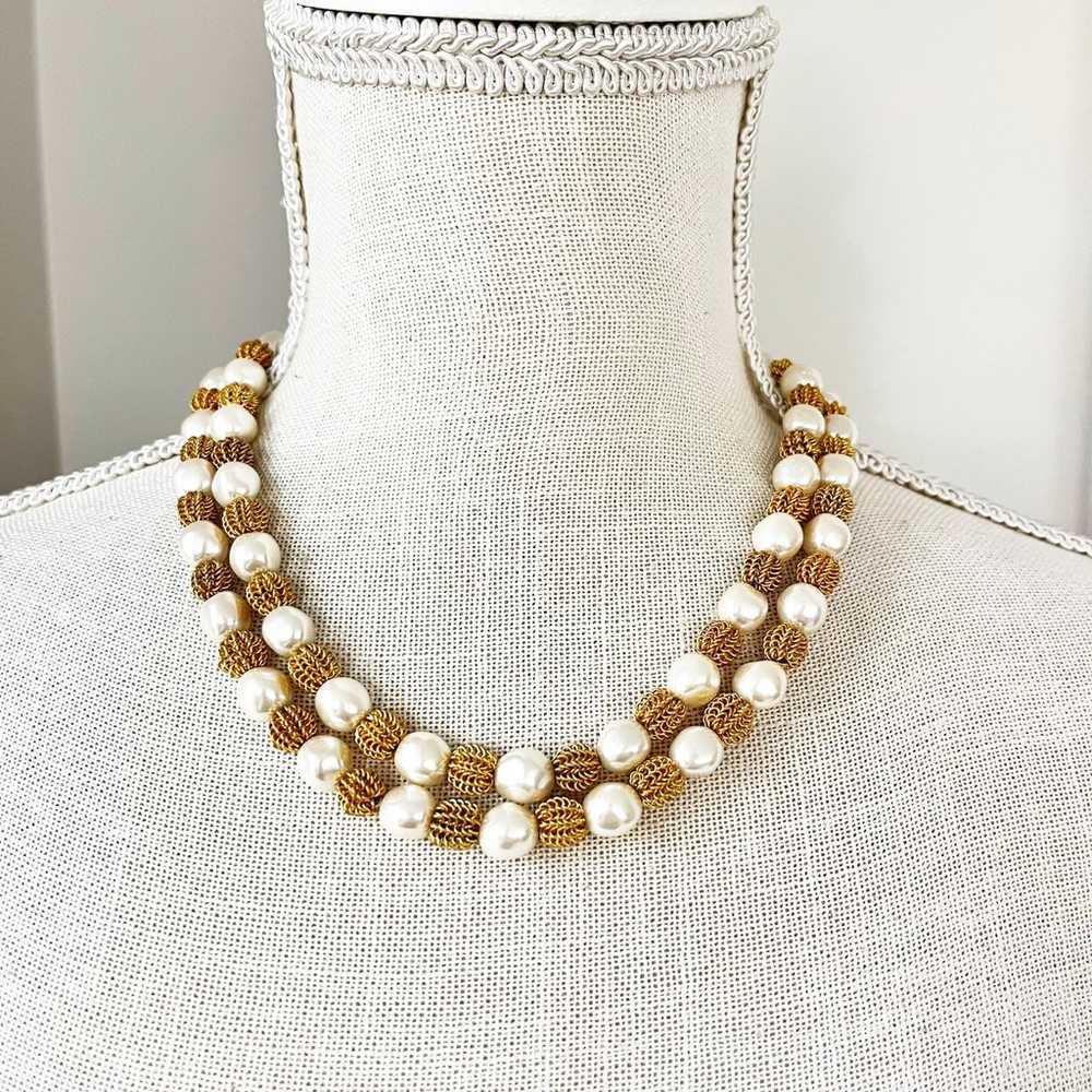 Anne Klein Vintage Gold & Pearl Textured Ball Lon… - image 2