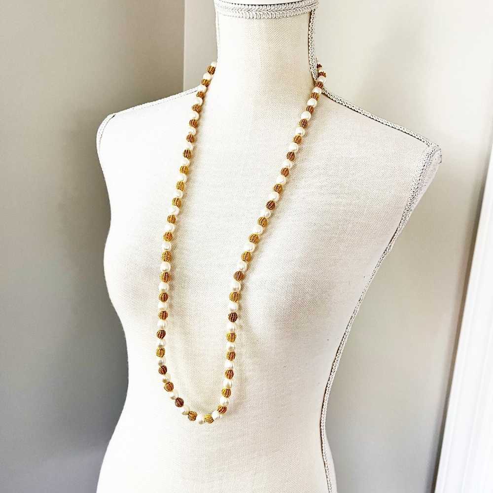 Anne Klein Vintage Gold & Pearl Textured Ball Lon… - image 3