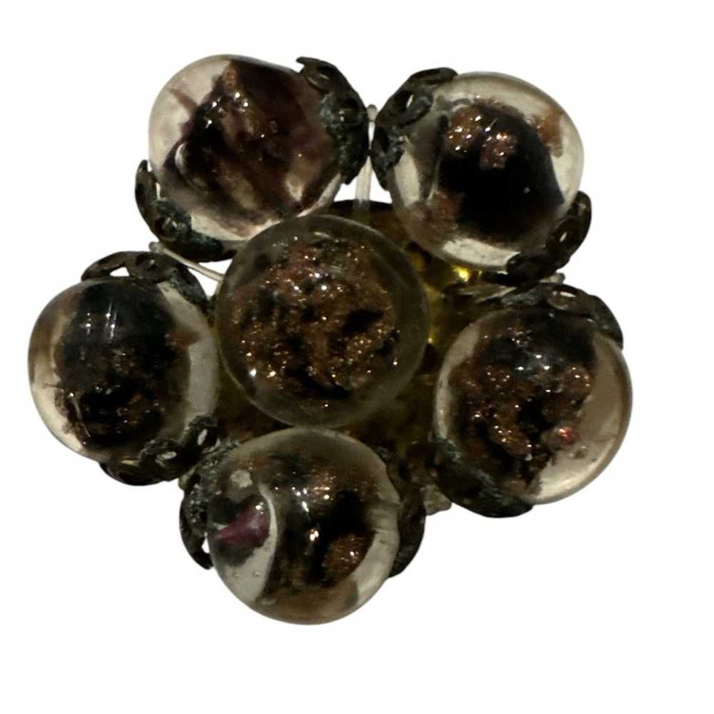 Vintage glass bead cluster clip earrings, brown m… - image 1