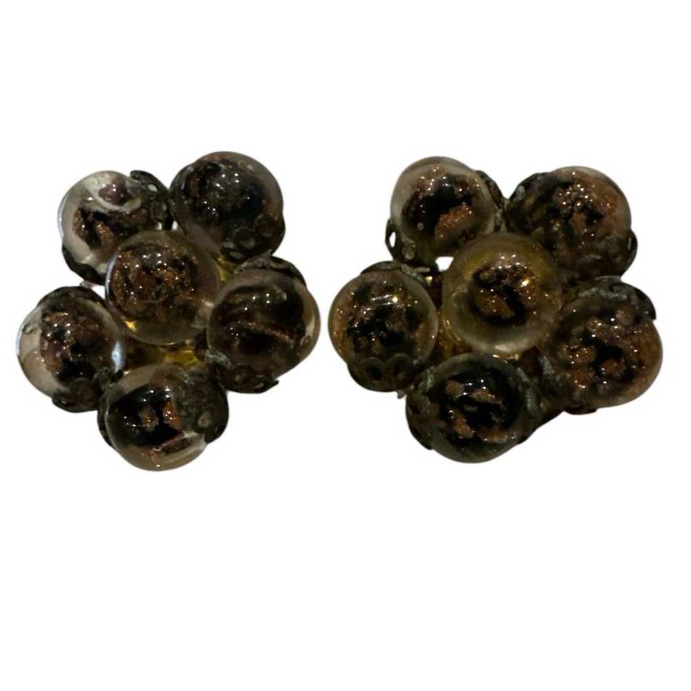 Vintage glass bead cluster clip earrings, brown m… - image 2