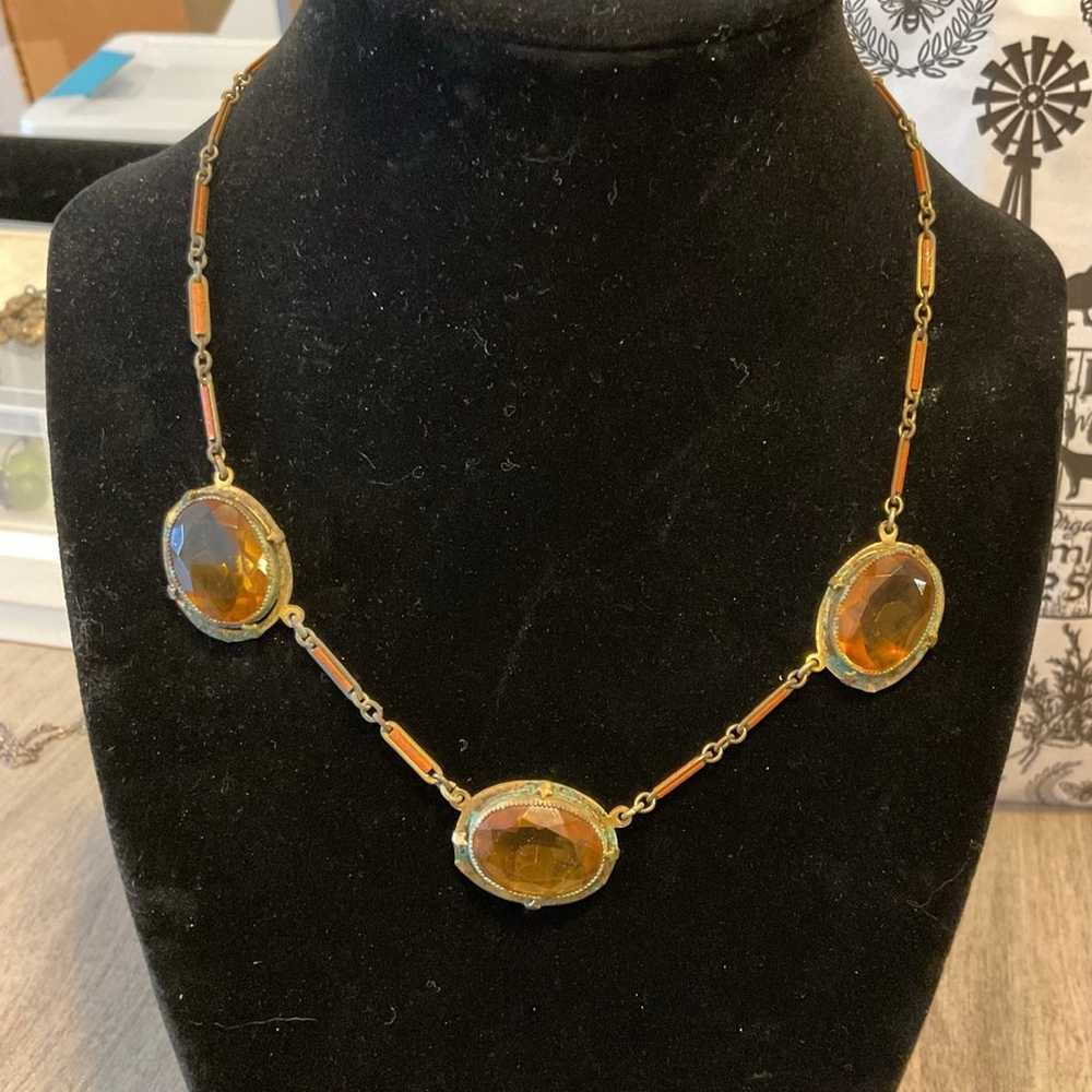 Vintage amber glass & inlaid gold tone chain e ch… - image 1