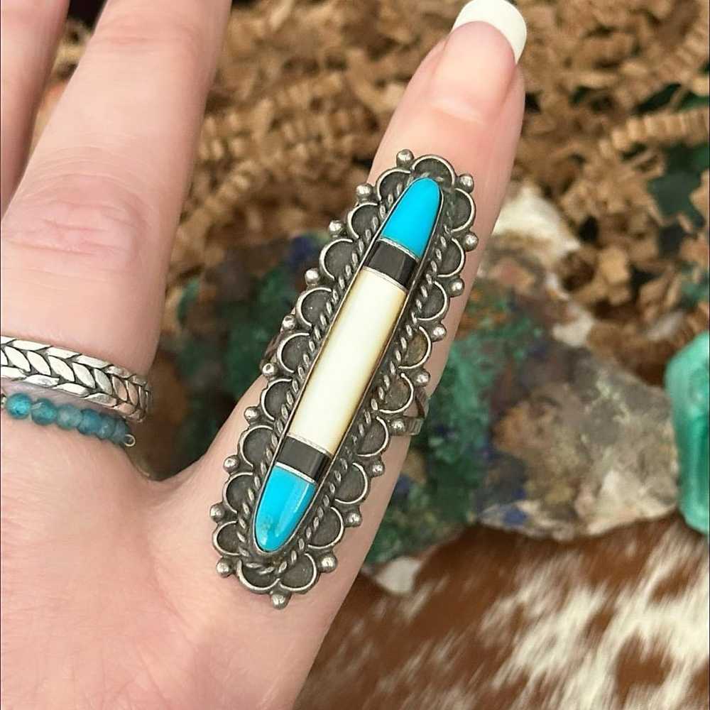 Vintage inlay Zuni Navajo sterling silver stateme… - image 2