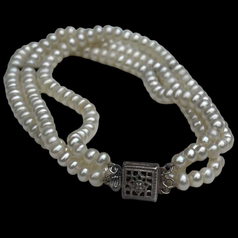 Vintage Pearl Bracelet Sterling Silver Diamond Cl… - image 2