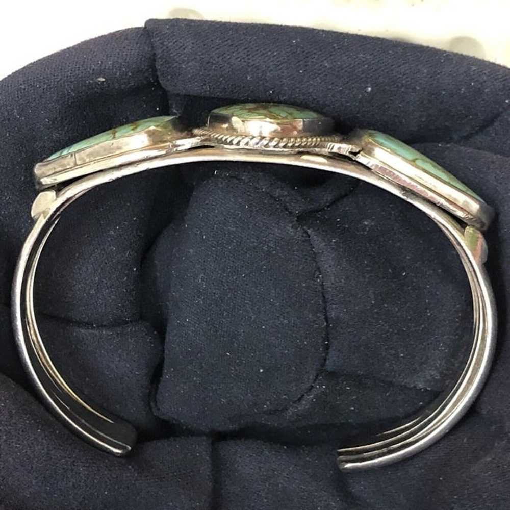 VINTAGE NAVAJO SILVER 3 TURQUOISE CUFF BRACELET - image 10