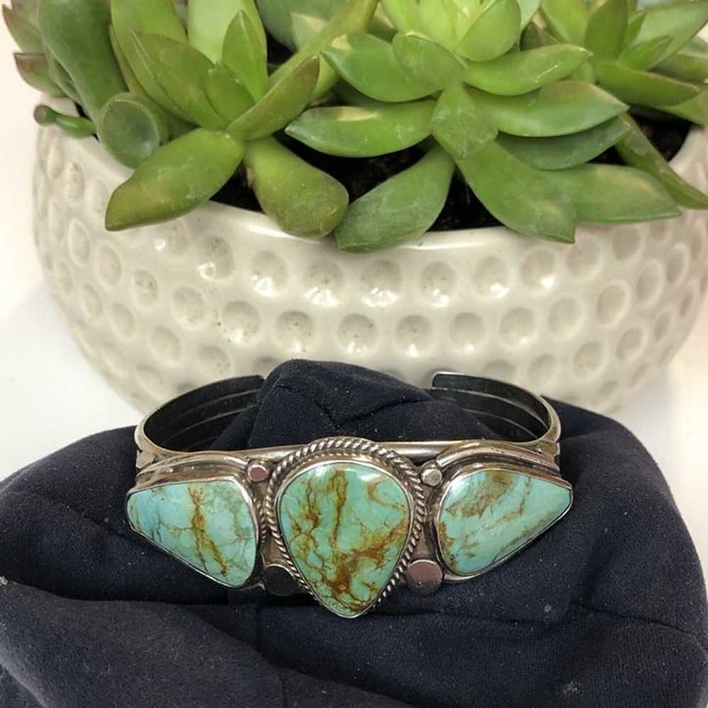 VINTAGE NAVAJO SILVER 3 TURQUOISE CUFF BRACELET - image 1