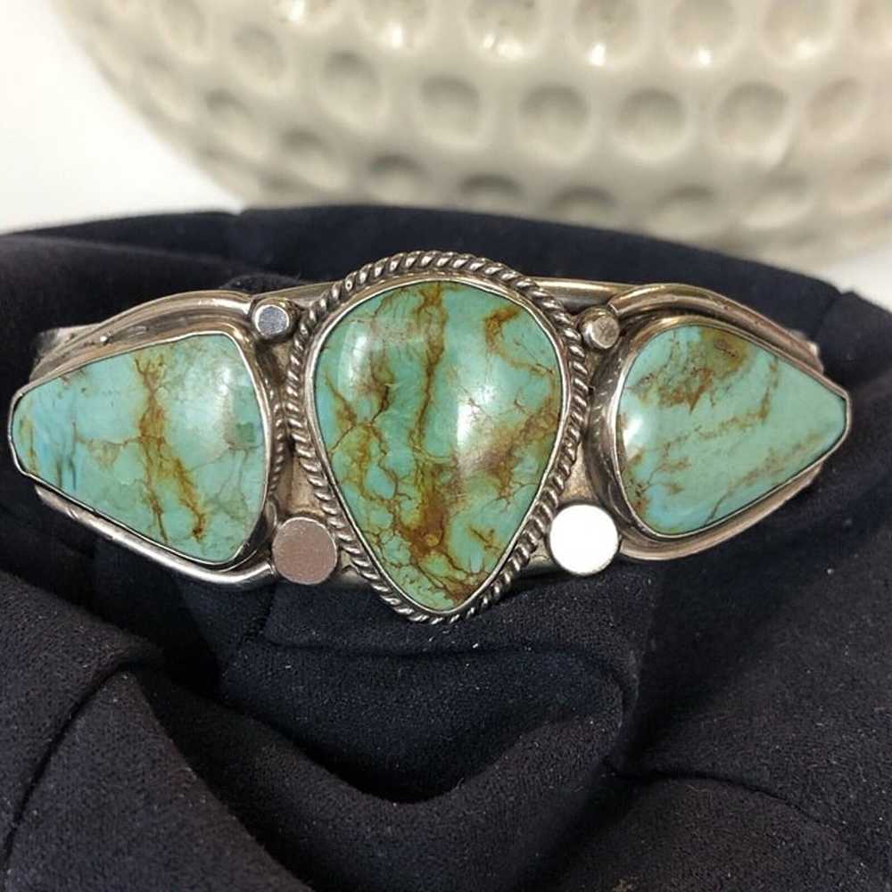 VINTAGE NAVAJO SILVER 3 TURQUOISE CUFF BRACELET - image 2