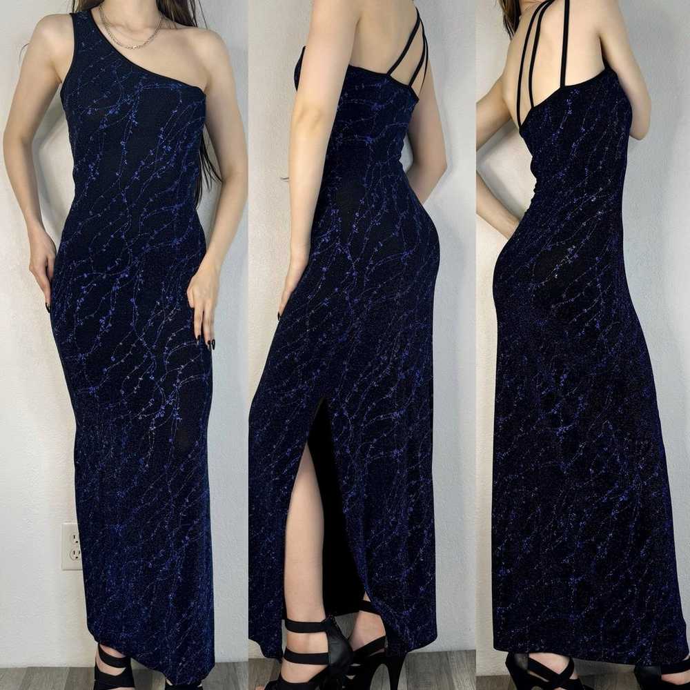 Vintage 90s Semi Sheer Sparkly Maxi Dress Blue Bl… - image 1