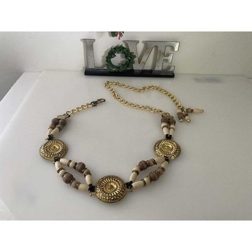 Vintage Chain Belt Gold Tone Metal And Beige Wood… - image 10