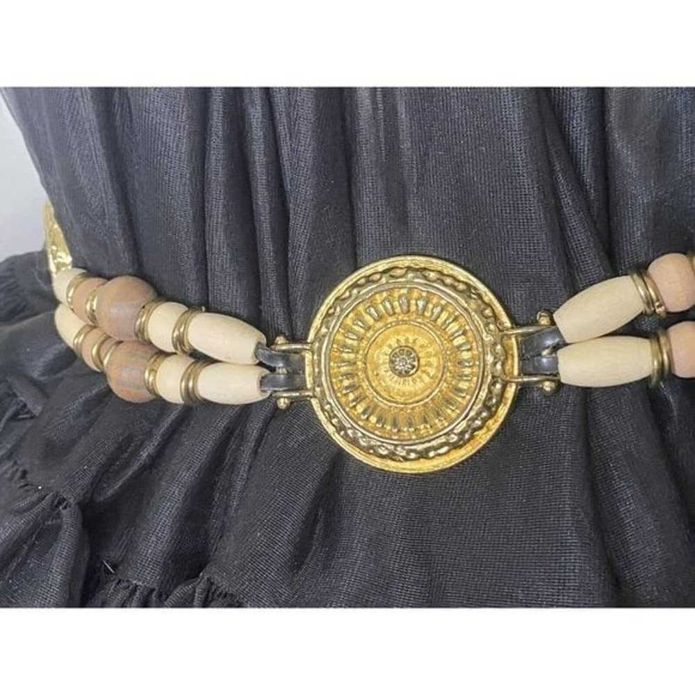 Vintage Chain Belt Gold Tone Metal And Beige Wood… - image 3