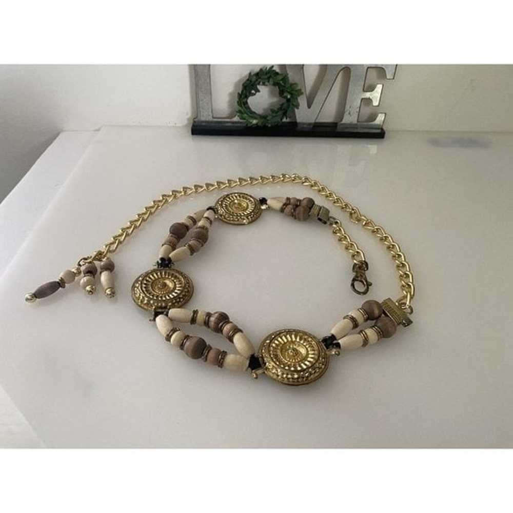 Vintage Chain Belt Gold Tone Metal And Beige Wood… - image 7