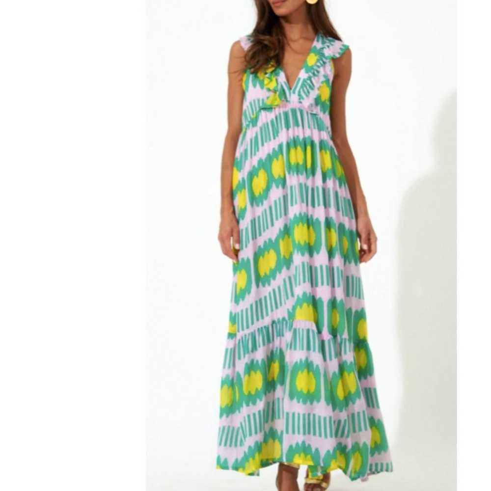 Oliphant Ruffle V-Neck Maxi Dress Ikat Lilac Silk… - image 2