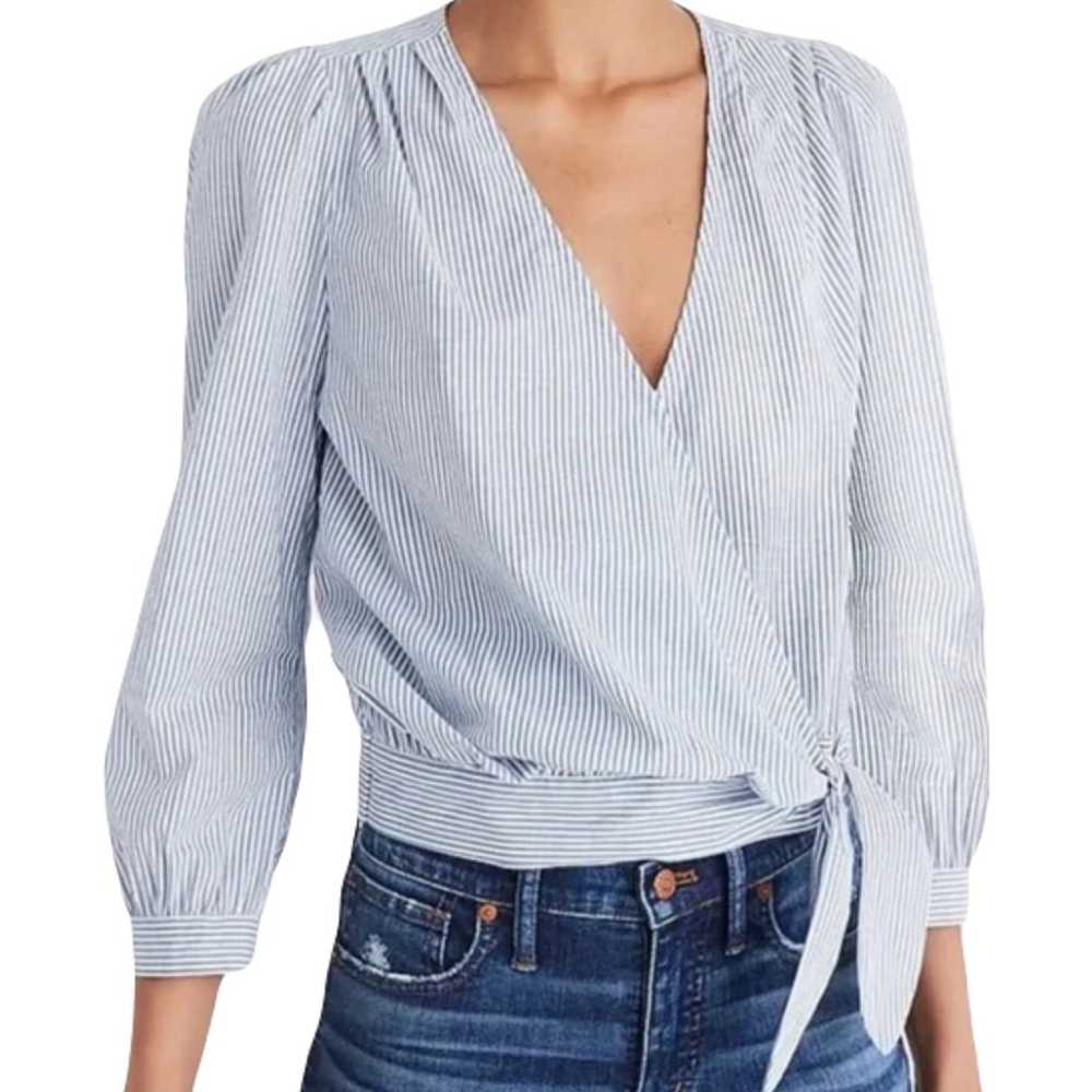 NWOT MADEWELL Top S Stripe Blue White Wrap Bow Ti… - image 1