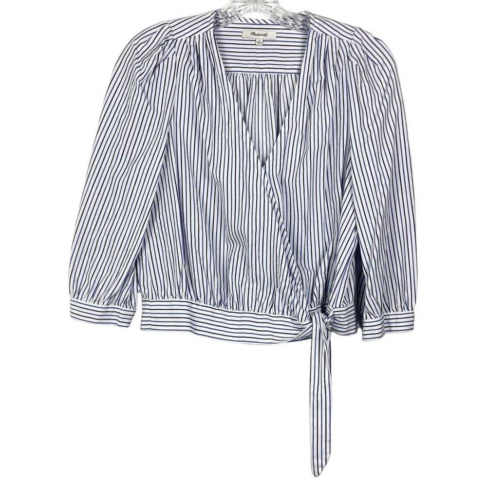 NWOT MADEWELL Top S Stripe Blue White Wrap Bow Ti… - image 2