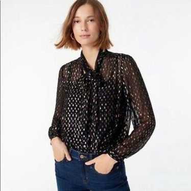 J.Crew Sheer Black Button-Up Tie-Neck Blouse with 