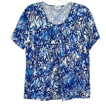 NWOT NIKKI Top M Blue White Leaf Print Pleated Sh… - image 1