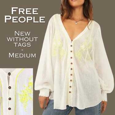 FREE PEOPLE Margie Ivory Cotton Embroidered Butto… - image 1