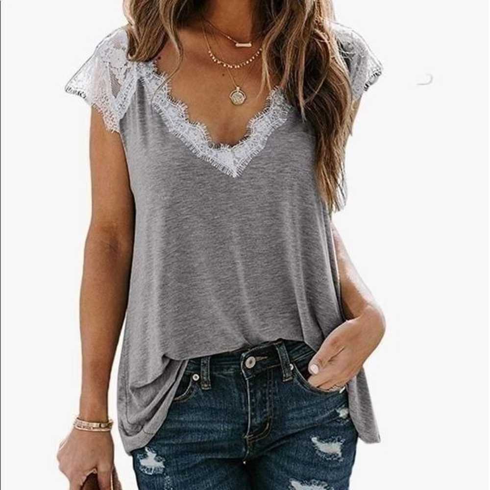 NEW V Neck Lace Trim Shirt - image 2