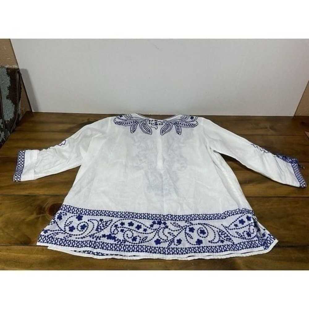 John Mark Linen White Blue Boho Cinch Sleeve Embr… - image 10