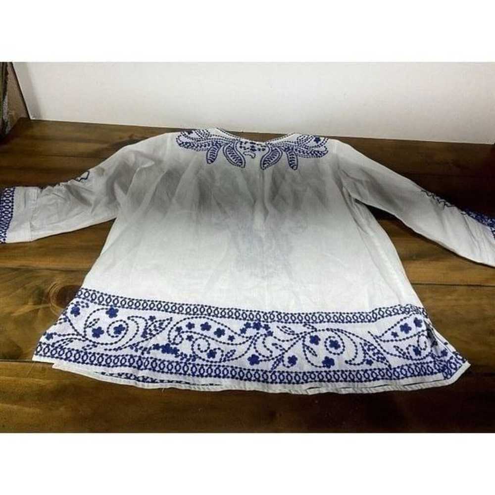 John Mark Linen White Blue Boho Cinch Sleeve Embr… - image 12