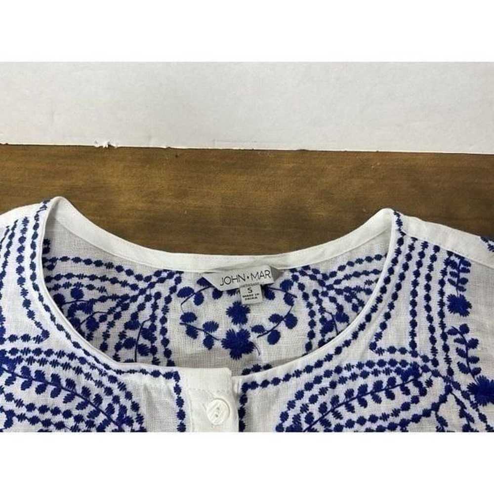 John Mark Linen White Blue Boho Cinch Sleeve Embr… - image 2