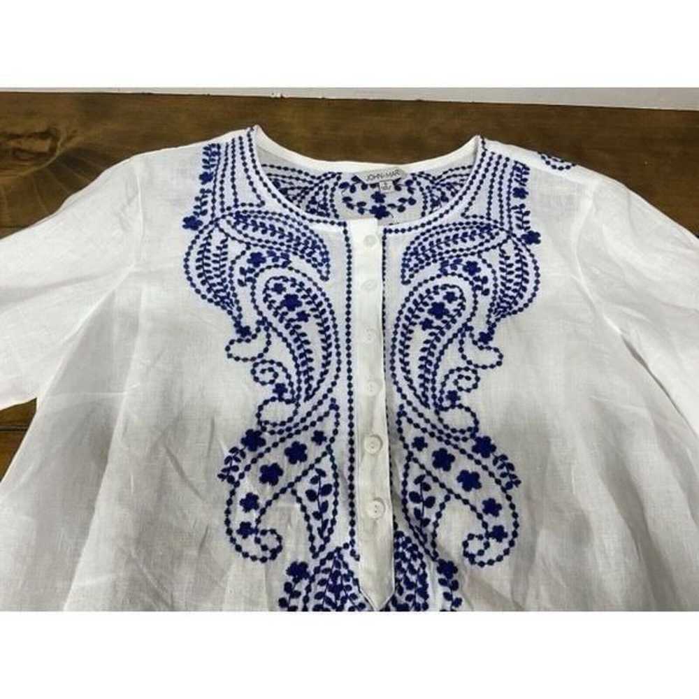 John Mark Linen White Blue Boho Cinch Sleeve Embr… - image 3