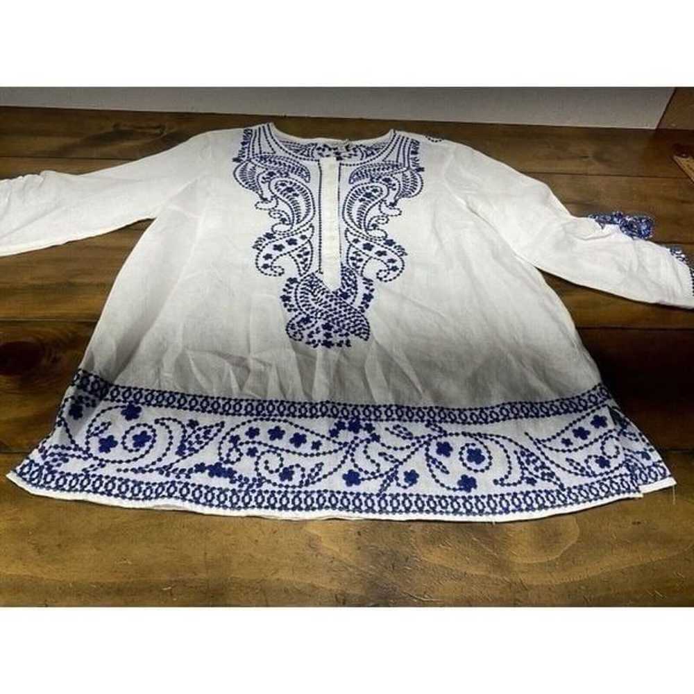 John Mark Linen White Blue Boho Cinch Sleeve Embr… - image 4