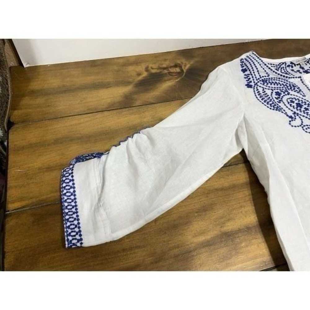 John Mark Linen White Blue Boho Cinch Sleeve Embr… - image 5