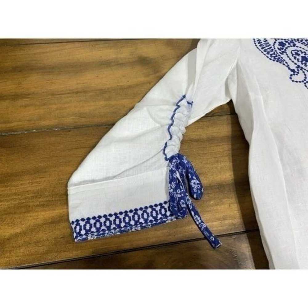 John Mark Linen White Blue Boho Cinch Sleeve Embr… - image 6