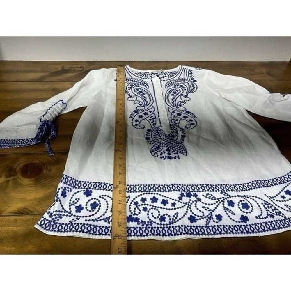 John Mark Linen White Blue Boho Cinch Sleeve Embr… - image 7