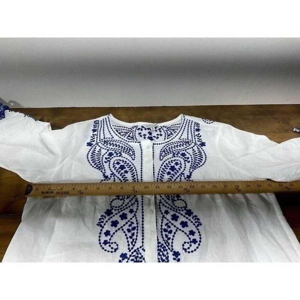 John Mark Linen White Blue Boho Cinch Sleeve Embr… - image 8