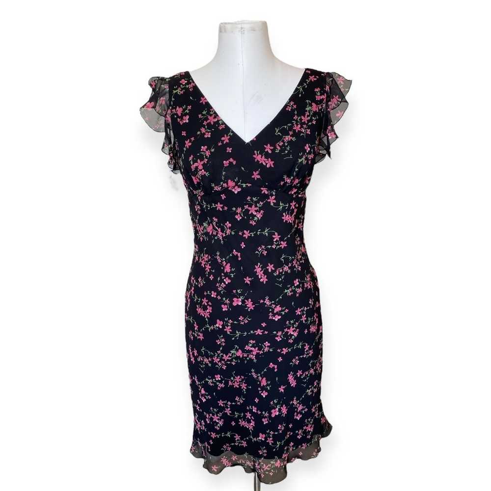 Vintage Y2K Black Pink Floral Flutter Sleeve Slip… - image 1