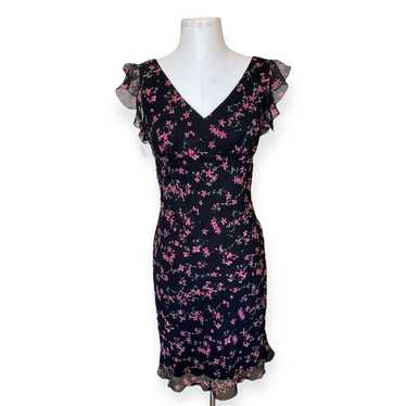 Vintage Y2K Black Pink Floral Flutter Sleeve Slip… - image 1