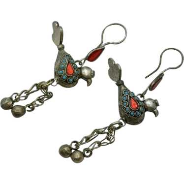 Bird Earrings, Long, Silver, Middle Eastern, Red … - image 1