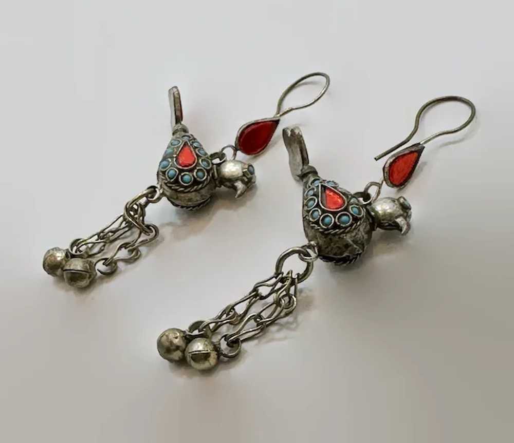 Bird Earrings, Long, Silver, Middle Eastern, Red … - image 2