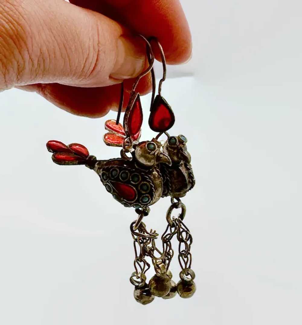 Bird Earrings, Long, Silver, Middle Eastern, Red … - image 3