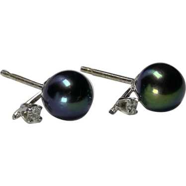 14k Diamond and Pearl Earrings Blue and Green Peac