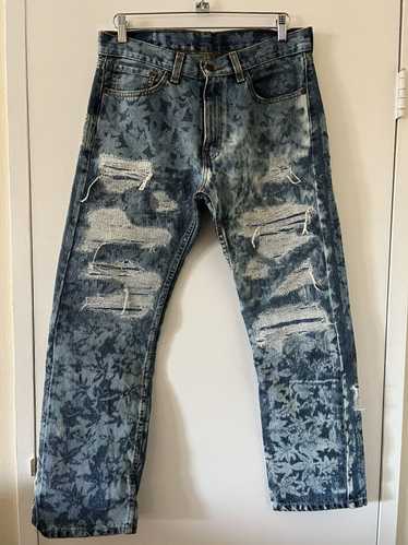 Custom Baggy Blue Bleached Leaf Print Denim