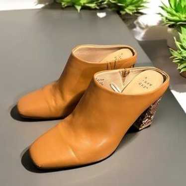 Tan Leather With Snake Print Block Heel Mules - image 1
