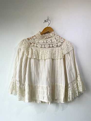 Vintage Cream Lace Trimmed Ruffle Blouse