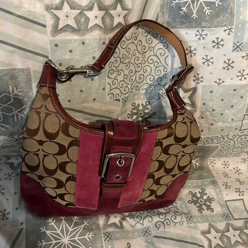 COACH Medium Size Shoulder Bag Tan with Fuchsia &… - image 1