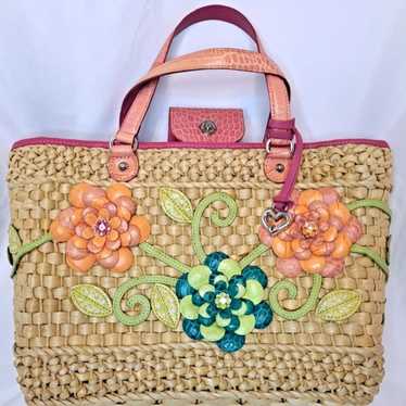 Brighton Straw Tote Bag Flowers Rhinestones Pink … - image 1