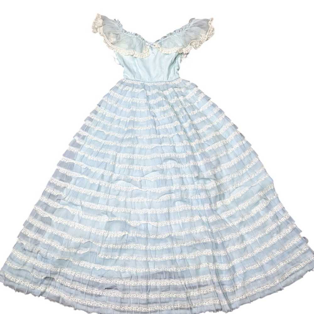 VTG Baby Blue Frilly Off-Shoulder Tiered Long Dre… - image 1