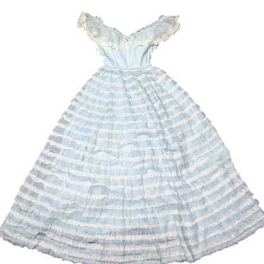 VTG Baby Blue Frilly Off-Shoulder Tiered Long Dre… - image 1