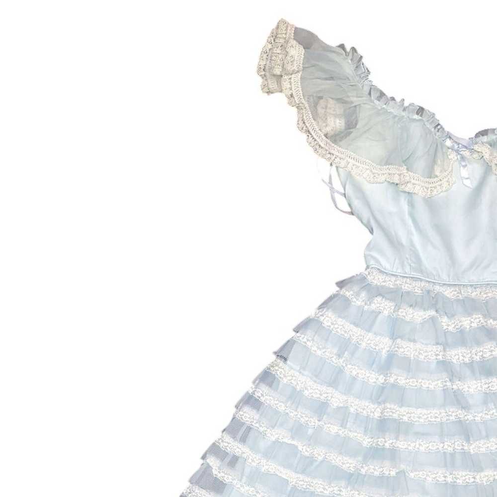 VTG Baby Blue Frilly Off-Shoulder Tiered Long Dre… - image 2