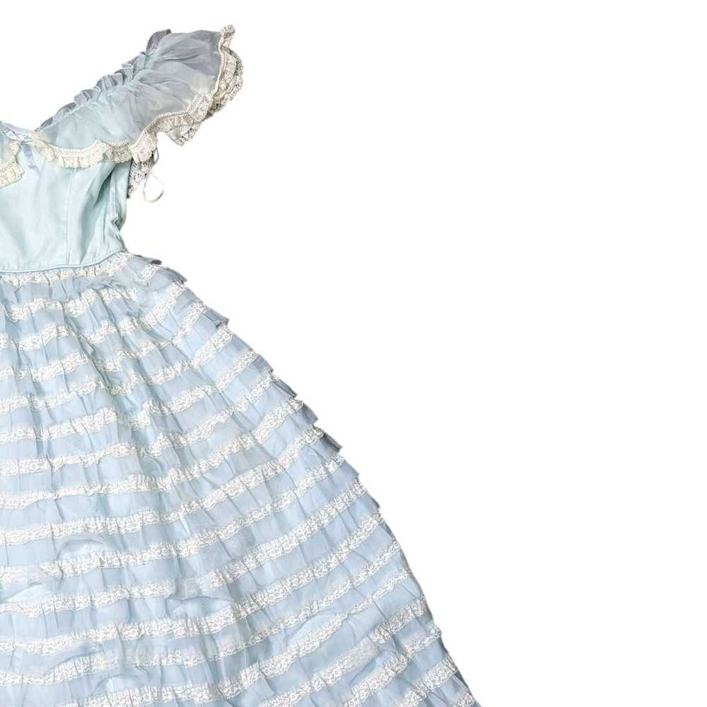 VTG Baby Blue Frilly Off-Shoulder Tiered Long Dre… - image 3