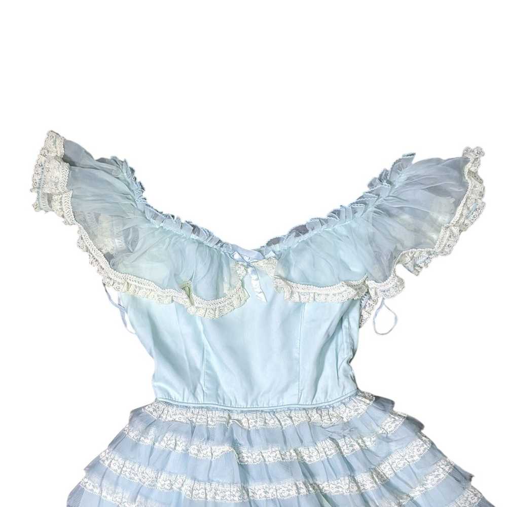 VTG Baby Blue Frilly Off-Shoulder Tiered Long Dre… - image 4